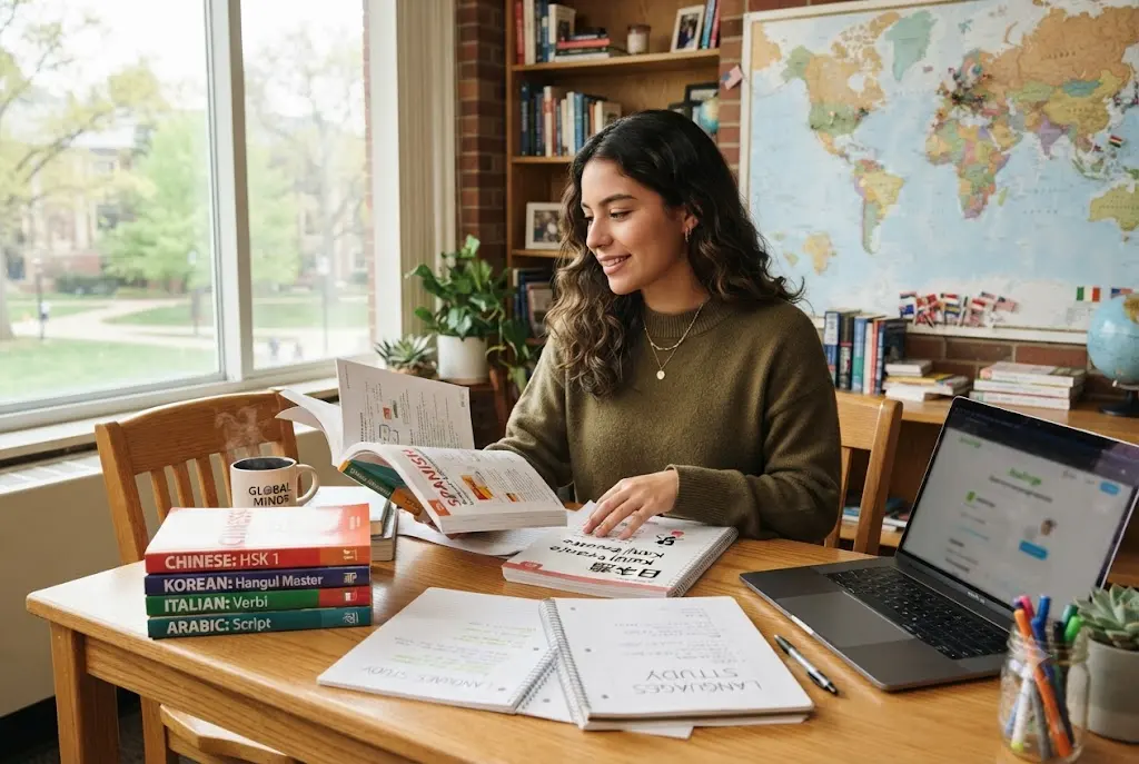 Student comparing the easiest and hardest languages to learn using books and online study resources
