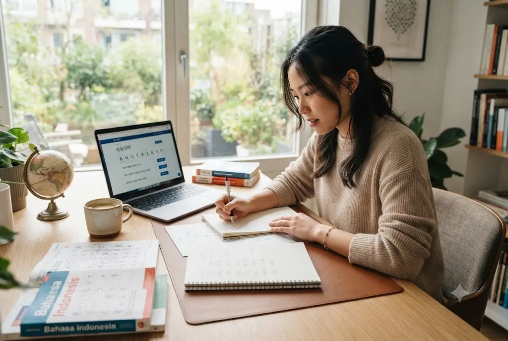 Student studying the easiest Asian language to learn with books and digital learning resources
