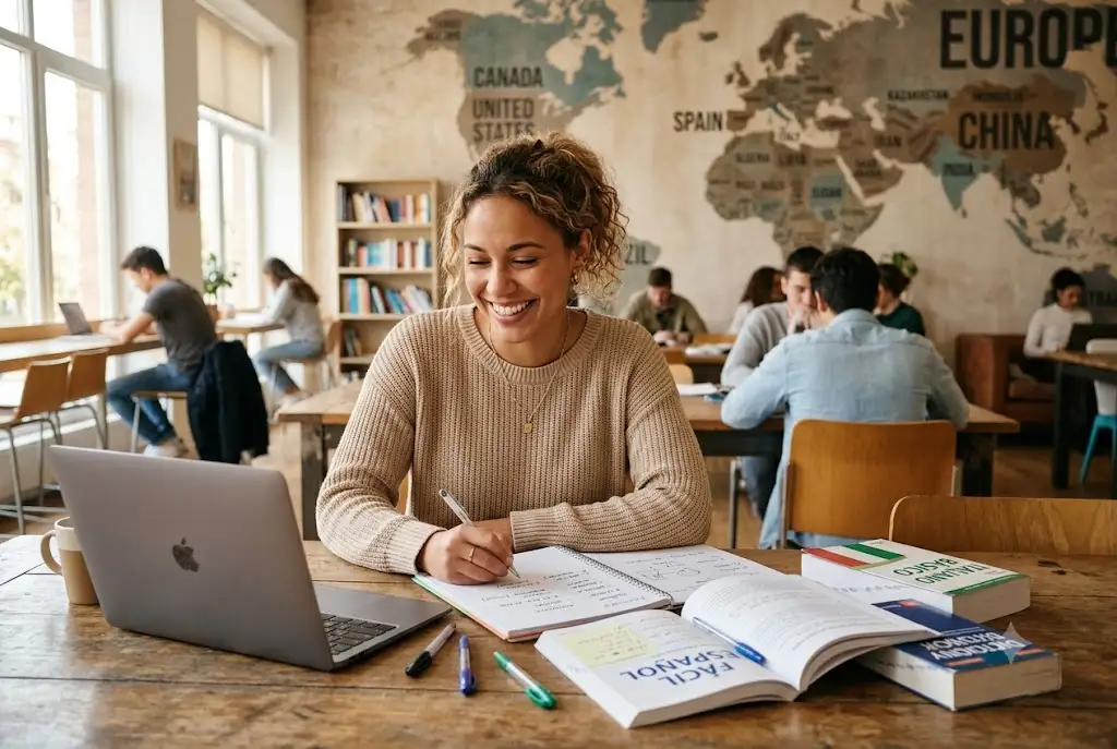 Student learning the easiest language to learn in the world using beginner-friendly study materials