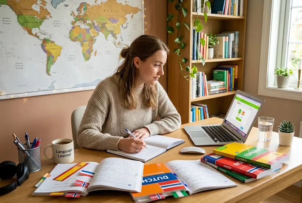 English-speaking student learning the easiest languages for English speakers using beginner language resources