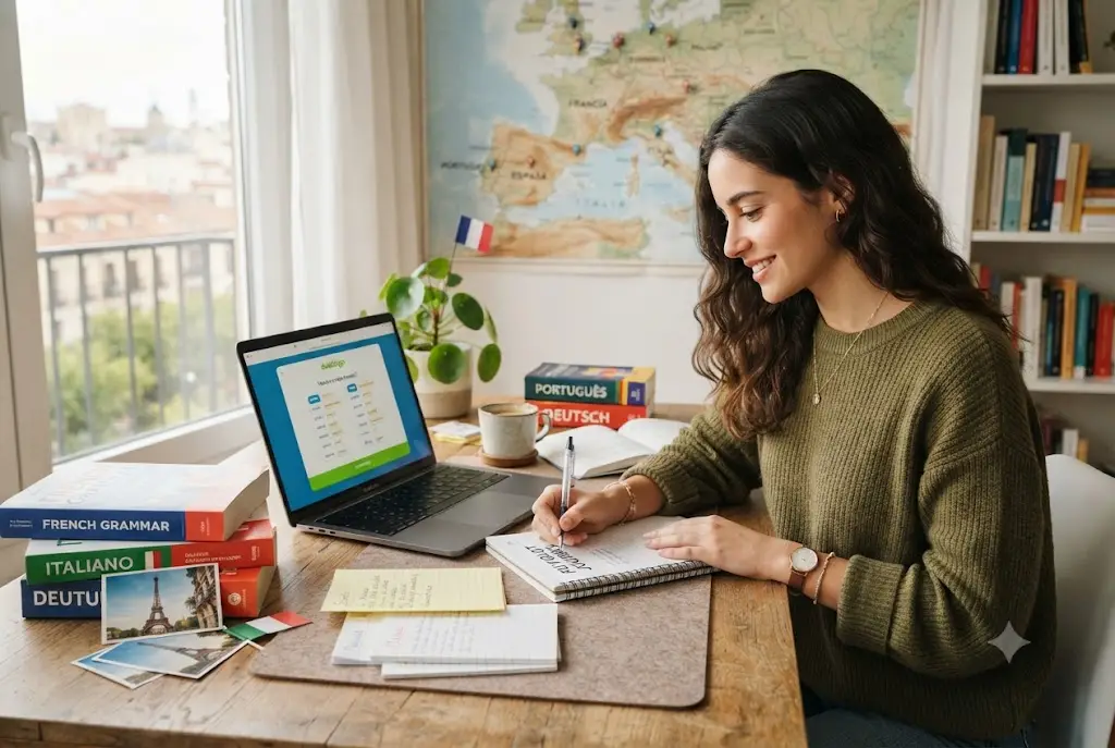 Student exploring the easiest languages for Spanish speakers using books and online lessons
