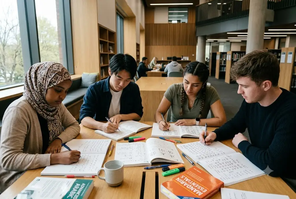 Students studying the hardest language to learn in the world using multiple writing systems and learning materials