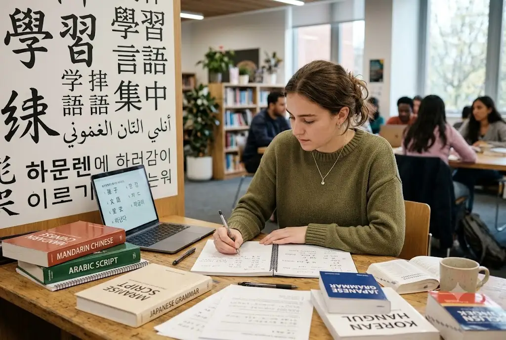 Student studying the hardest languages for English speakers to learn using multilingual learning materials