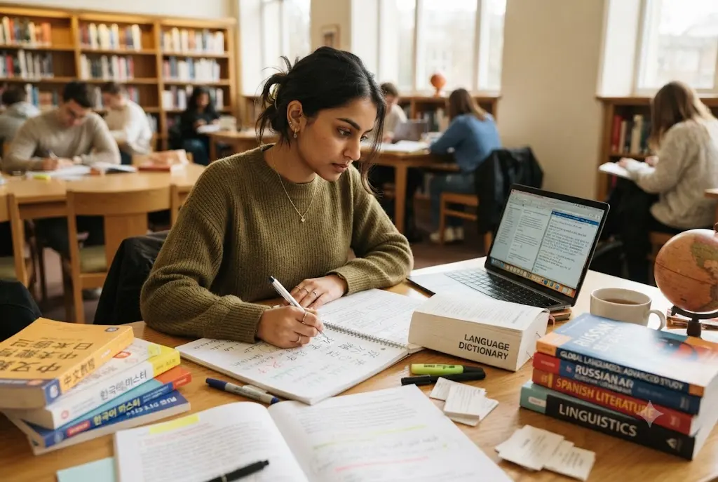 Student studying the ranking of most difficult languages to learn using multilingual textbooks and digital resources