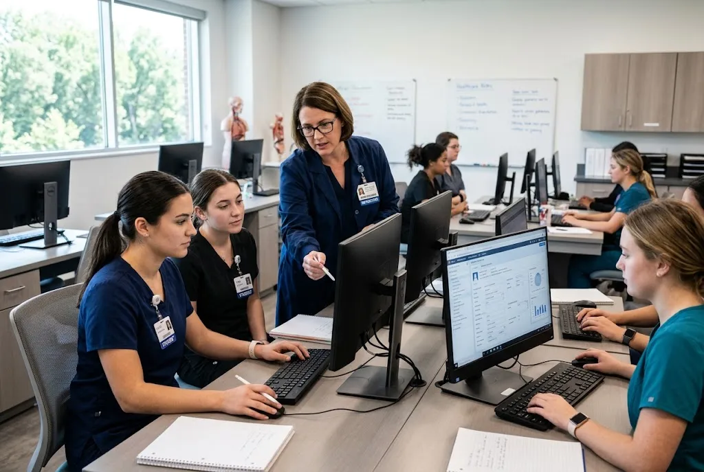 Medical assistant students practicing electronic health record documentation