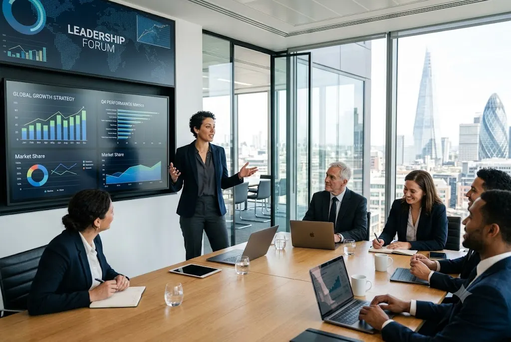 Professional demonstrating leadership to advance in career during a business meeting