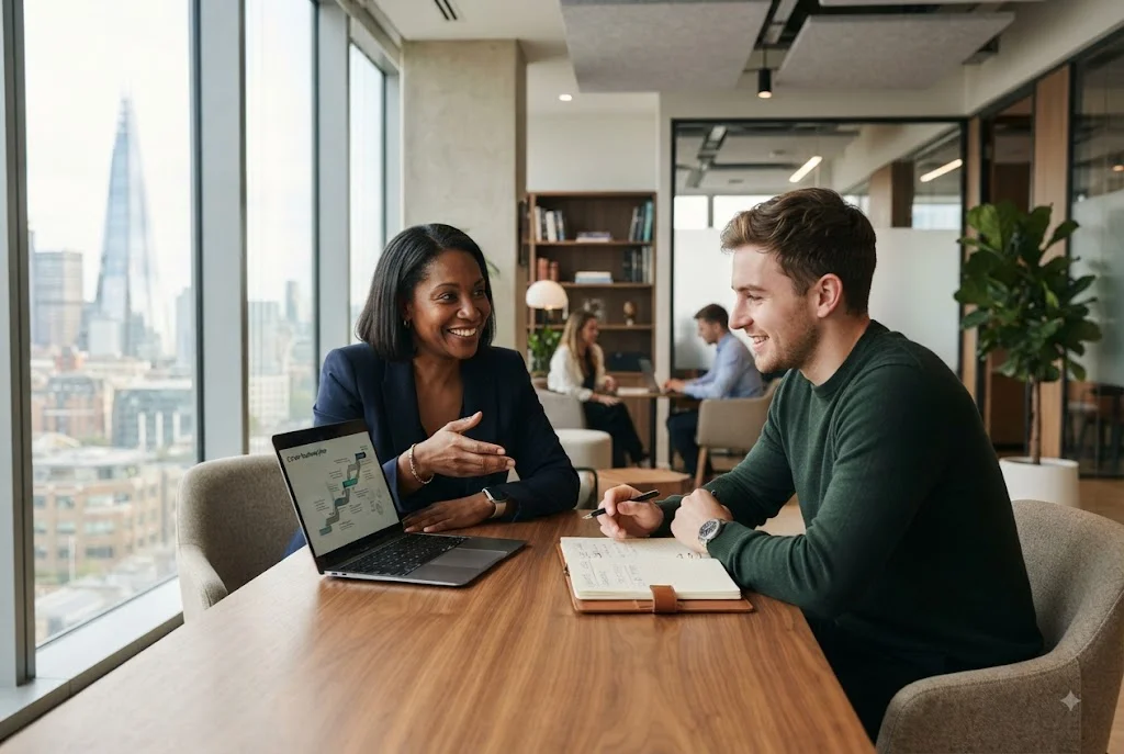 Career development coach helping a professional plan career goals and growth