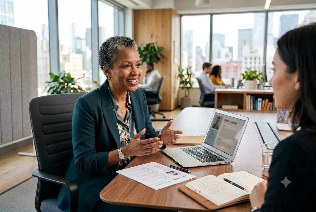 Professional beginning a new career at 50 during a modern job interview