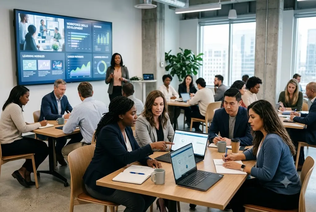 Professionals participating in workplace training using effective upskilling strategies