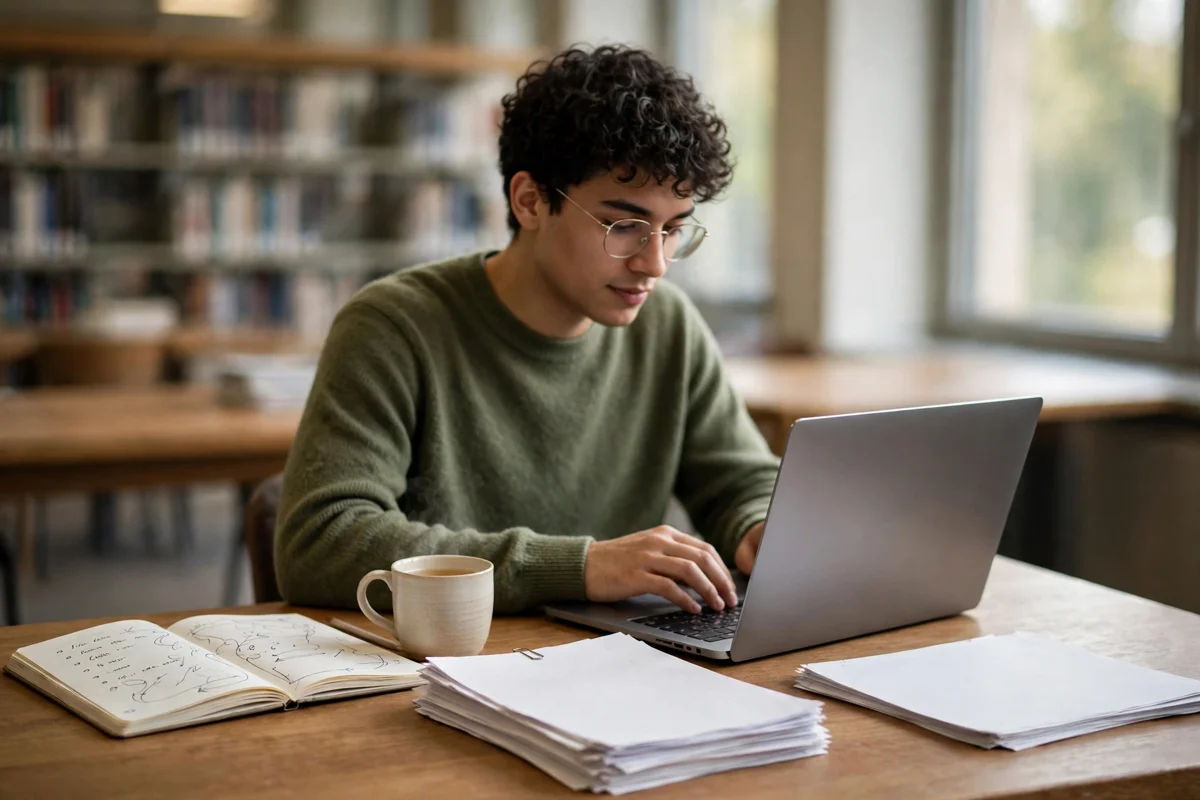 Student learning how to write a research proposal at a library desk